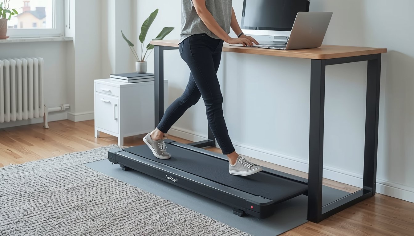 Beginner using a walking pad for light exercise