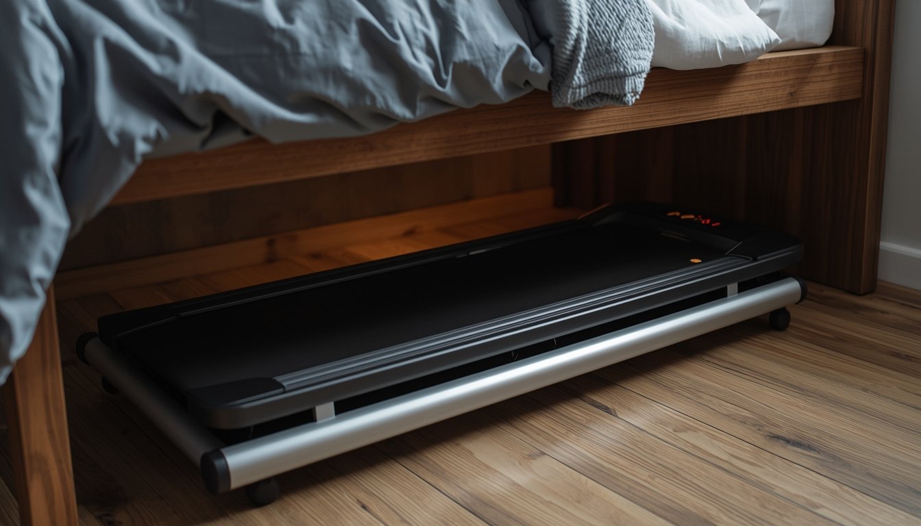 Stored walking pad under a couch in living room