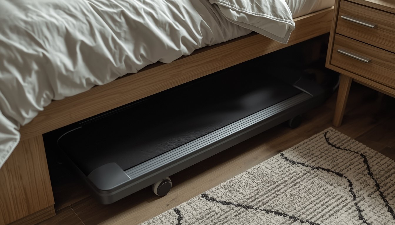 User adjusting walking pad speed during desk work