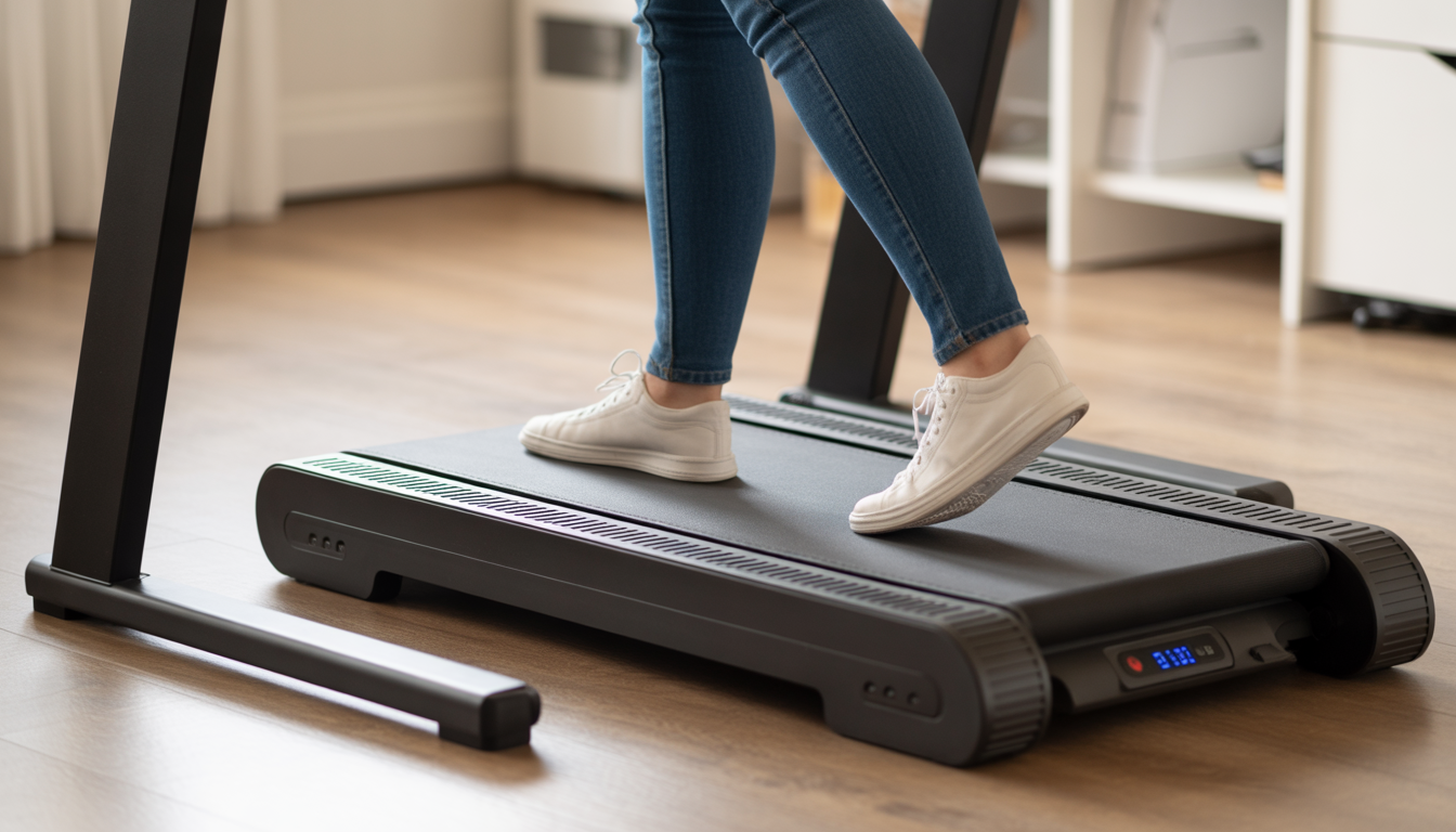 Person stepping onto a walking pad treadmill showing weight capacity and stable home office setup