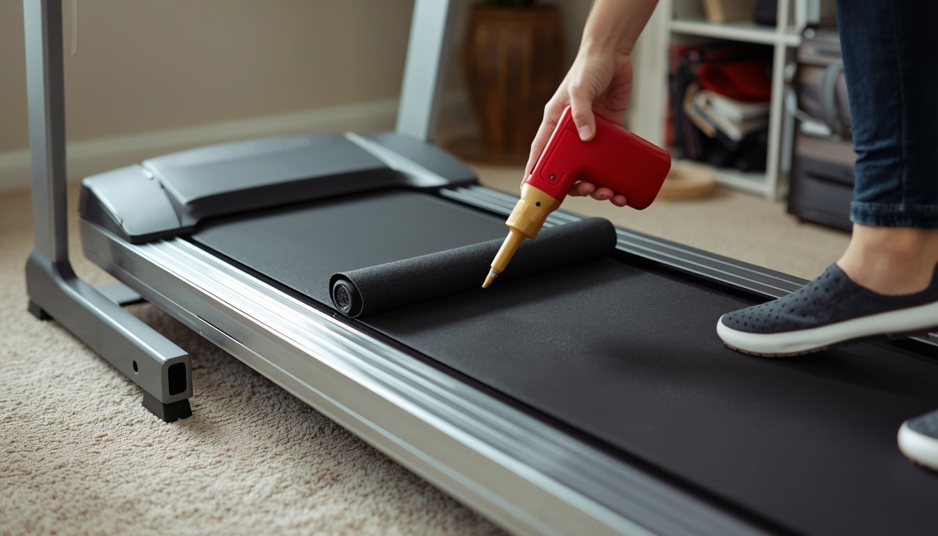 Applying lubricant under a walking pad belt during maintenance in a home office