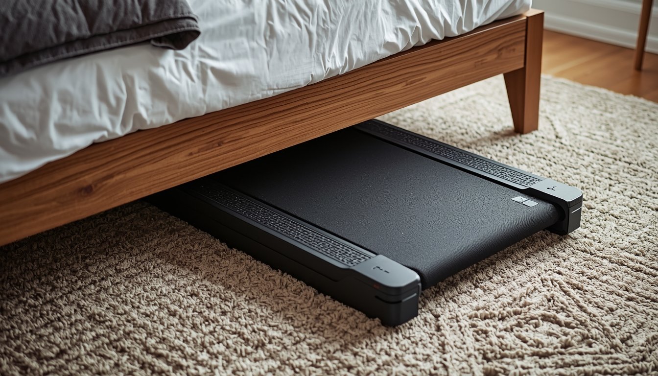Foldable walking pad stored under a bed showing slim design for easy home storage
