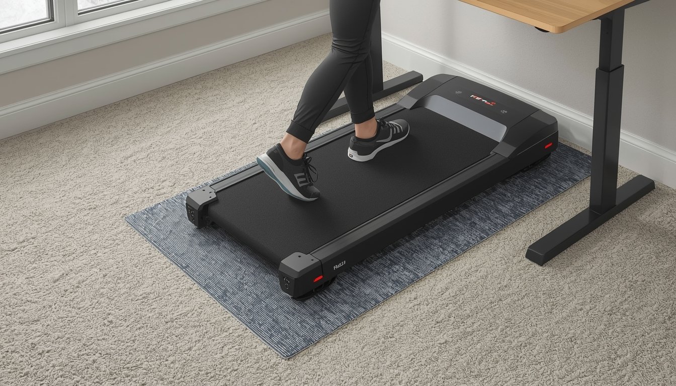 Walking pad treadmill on carpet with a protective mat under a standing desk in a home office