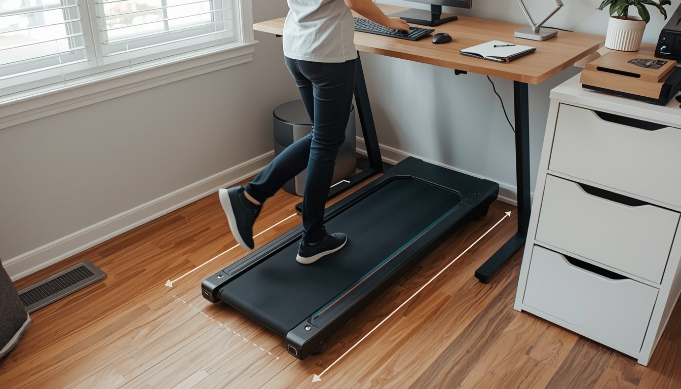 Walking pad under a desk showing required floor space and clearance in a home office