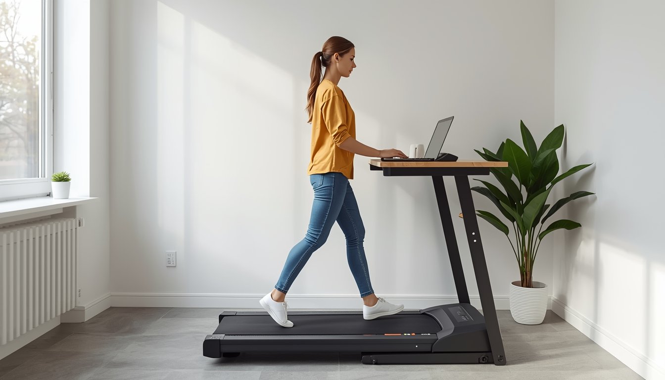 Home 1 under desk walking pad treadmill in home office setup with standing desk