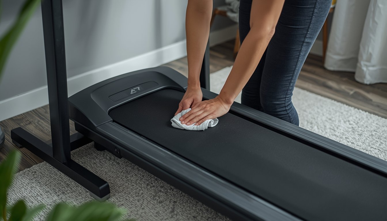 Person cleaning a walking pad treadmill belt in a home office for regular maintenance