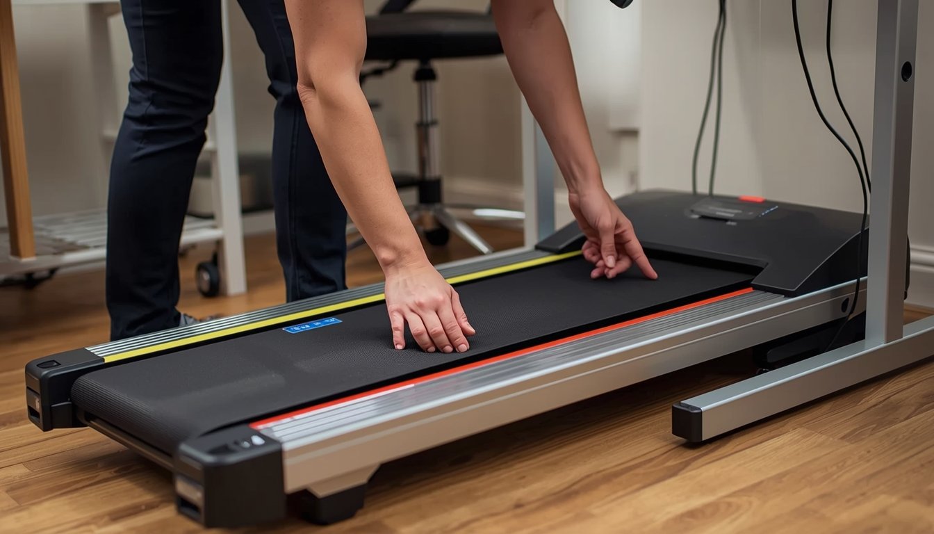 Person checking walking pad belt alignment and cleaning it in a home office