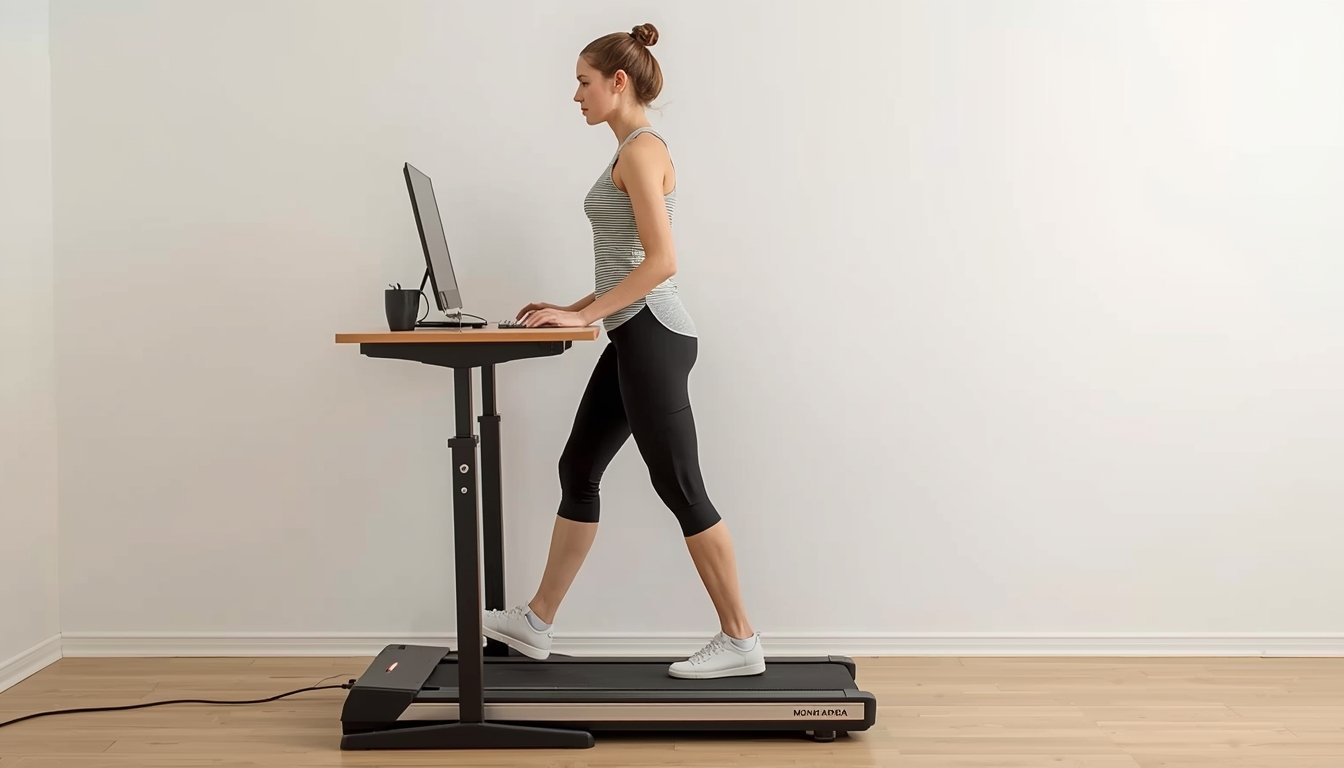 Ergonomic walking pad setup with proper posture at a standing desk in a home office