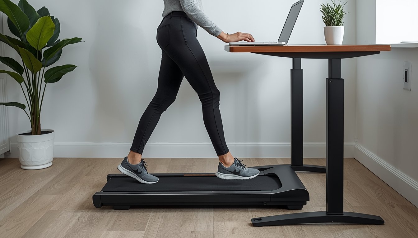 Person using a walking pad in a home office to stay active while working at a standing desk