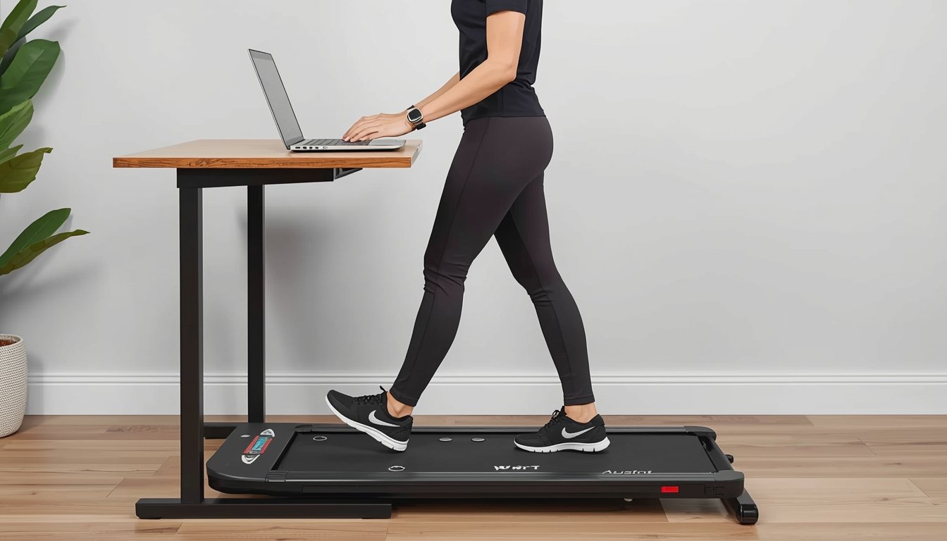 Person using a walking pad in a home office to stay active while working at a standing desk