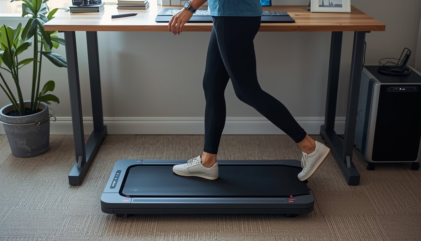 Person walking on a walking pad while working and tracking calories with a smartwatch