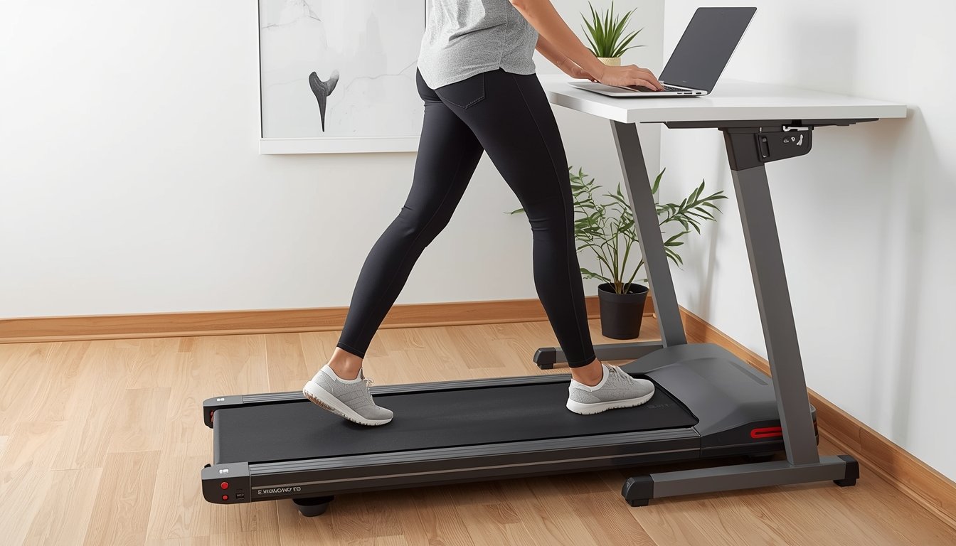 Person using a walking pad treadmill safely at a standing desk in a home office