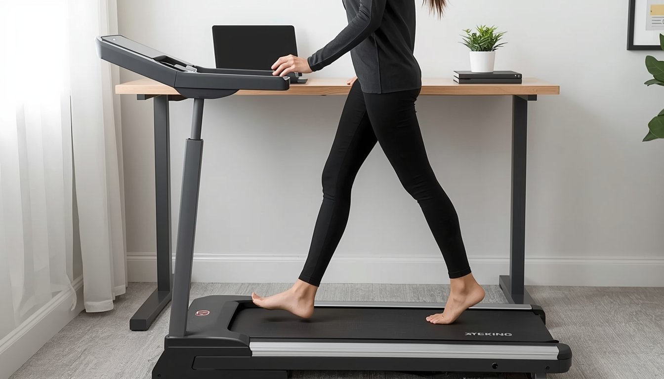 Compact walking pad treadmill under a desk showing small size and limited walking area
