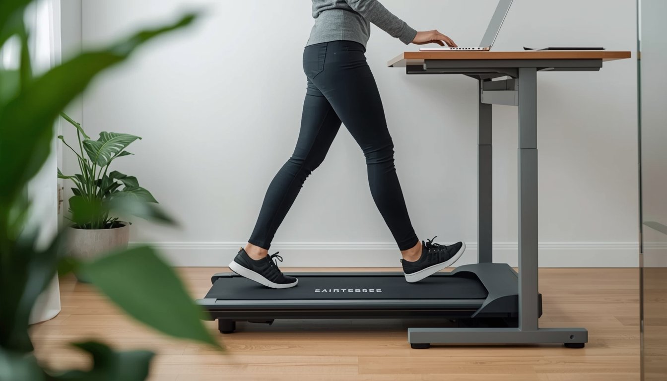 Walking pad treadmill under a desk showing compact size and key features for home office use
