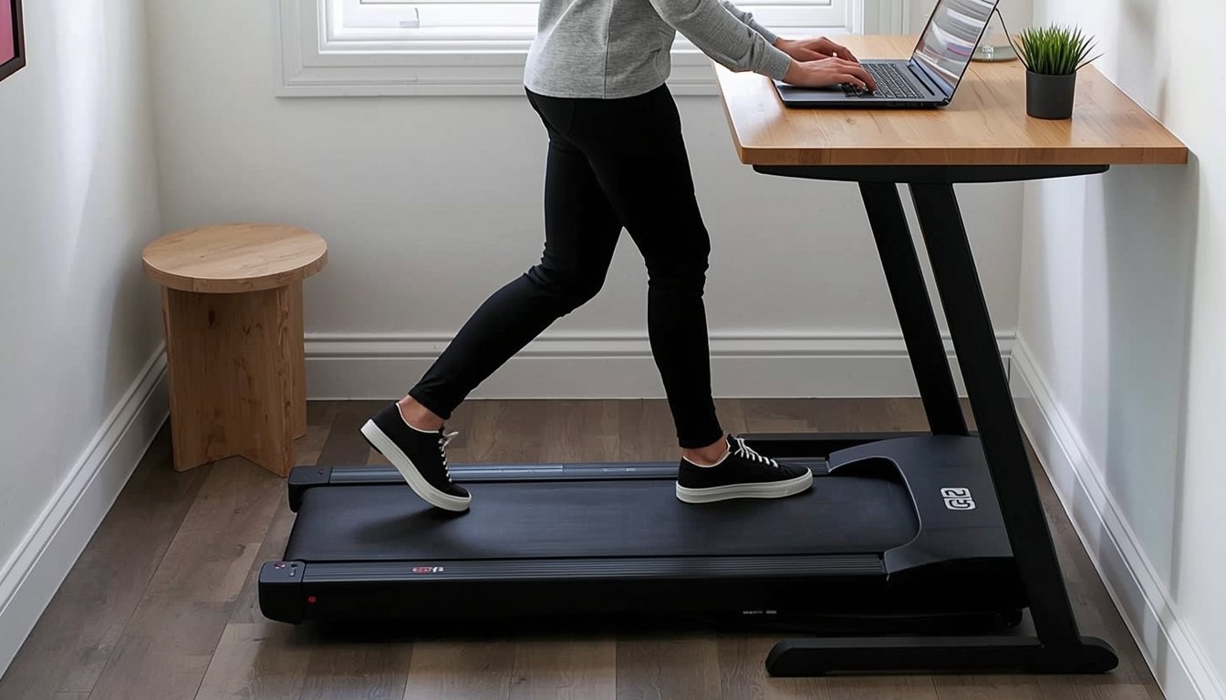 Person walking at a slow speed on a walking pad while typing at a standing desk