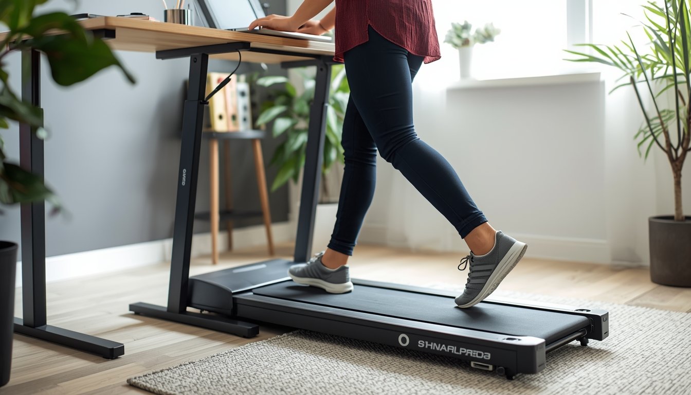 Person using a walking pad while working at a standing desk to stay active during the day