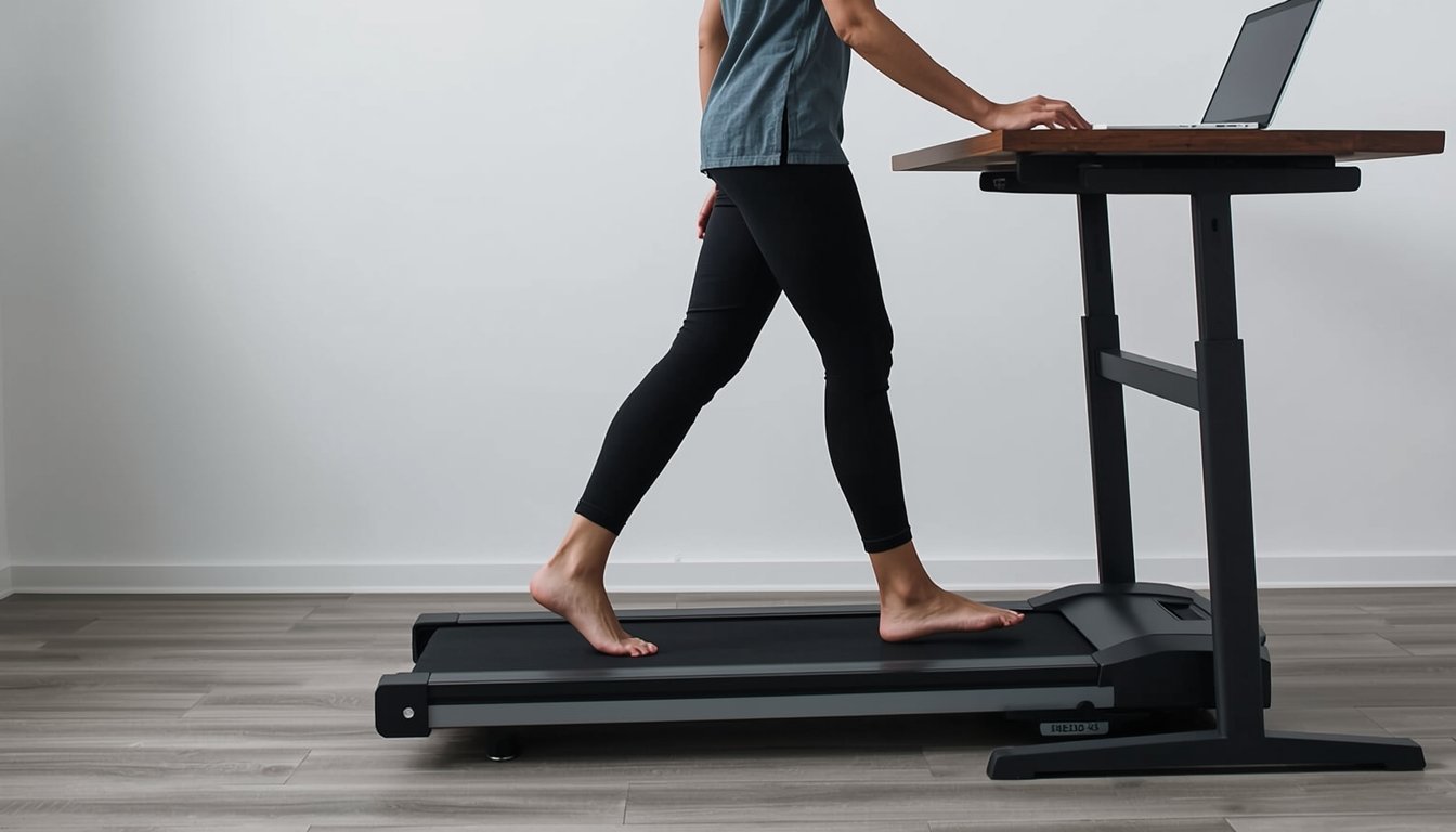Person using a quiet walking pad treadmill under a standing desk in a home office
