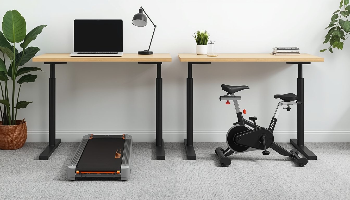Walking pad and compact under desk pedal exerciser showing standing and seated desk exercise setups