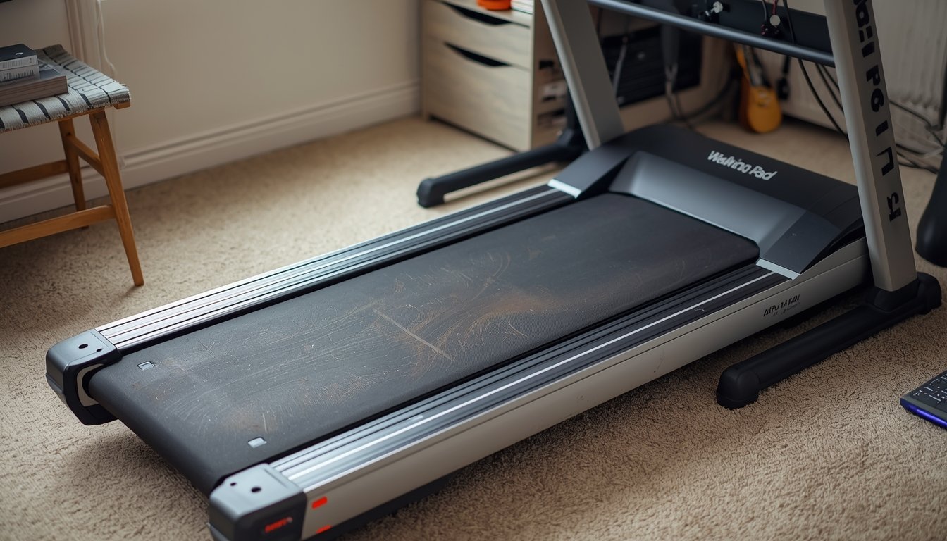 Used walking pad treadmill showing normal wear and long-term use in a home office